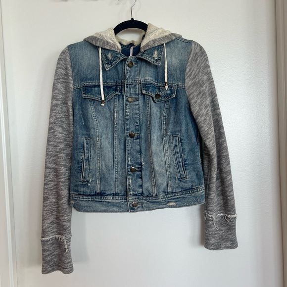Free People Distressed Denim Jacket with knit sleeves and removable hood - Picture 2 of 10